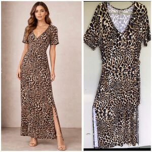 Asos Design Maxi Dress Women 12 Brown Animal Leopard Print Short Sleeve Deep V